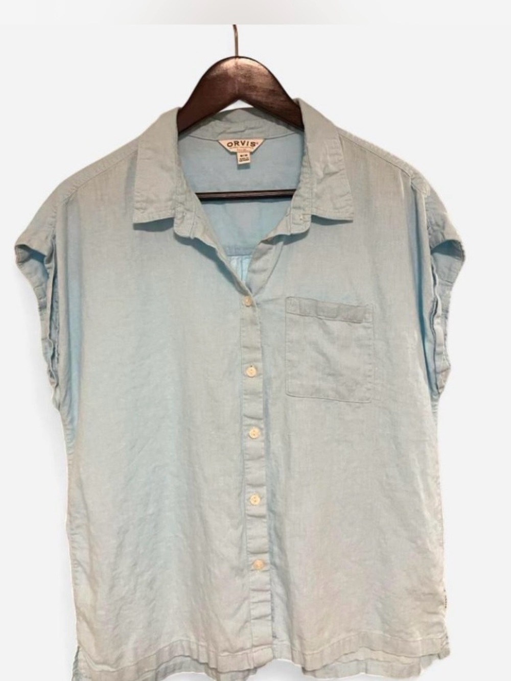 Orvis Classic Collection Linen Blend Cap Sleeve Button Front Shirt Light Blue M